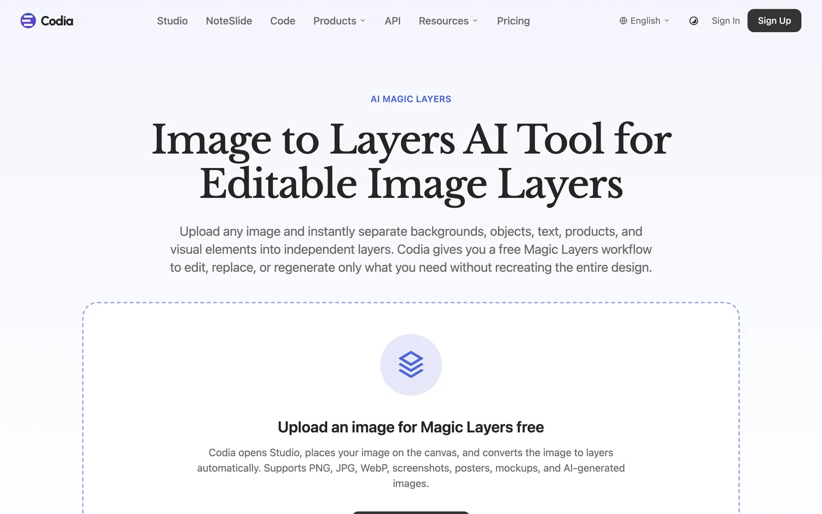 Codia Magic Layers page: Image to Layers AI Tool for Editable Image Layers