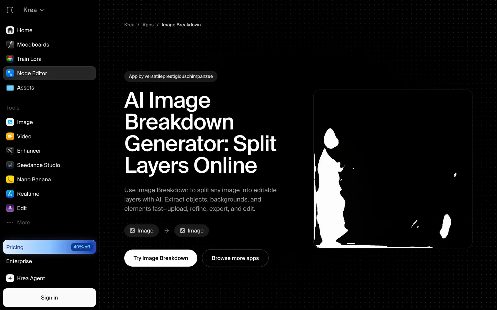 Krea's Image Breakdown app page inside the Krea node editor