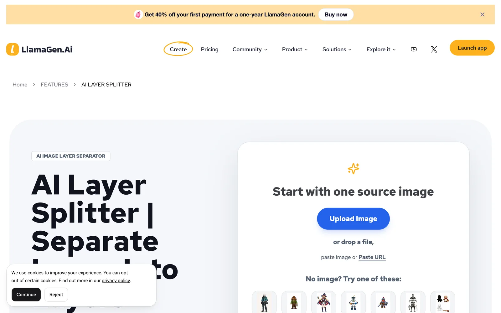 LlamaGen AI Layer Splitter page: Start with one source image, Upload Image