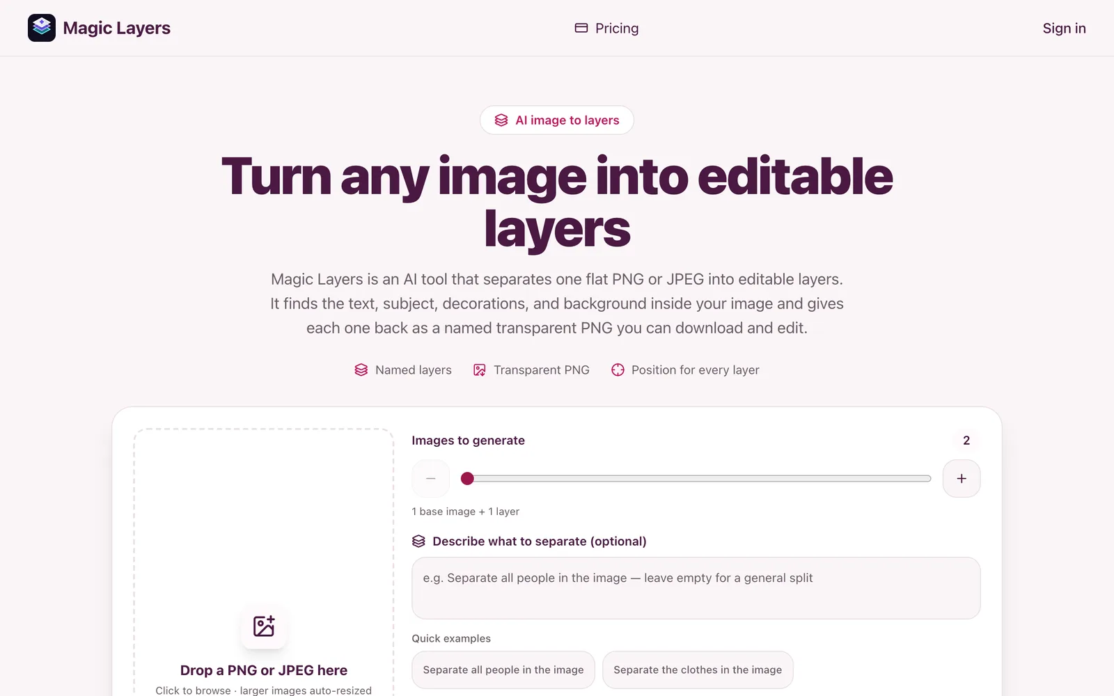 magiclayers.net: Turn any image into editable layers, with an 'Images to generate' slider and a 'Describe what to separate' box