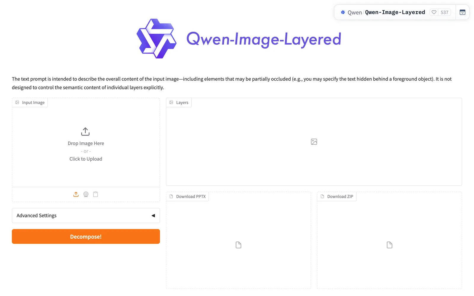 The Qwen-Image-Layered demo on Hugging Face Spaces: input image, Layers gallery, Download PPTX and Download ZIP