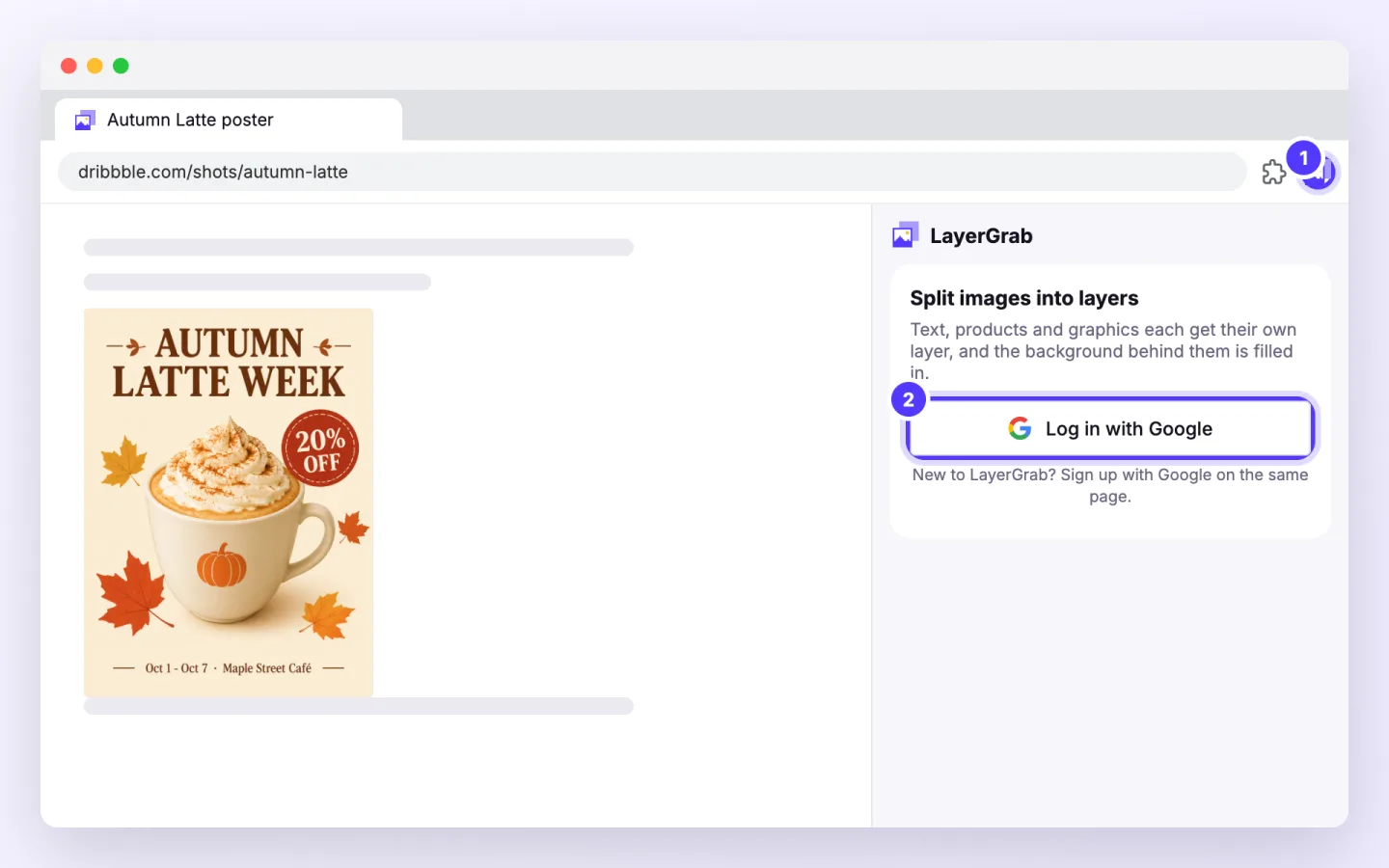 Chrome extension, step 2: Click the LayerGrab button in the toolbar (pin it from the puzzle-piece menu). The side panel opens; click Log in with Google.