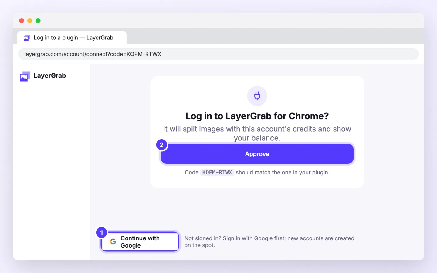 Chrome extension, step 3: A tab opens on layergrab.com. Sign in with Google if asked, then click Approve. The side panel continues by itself.
