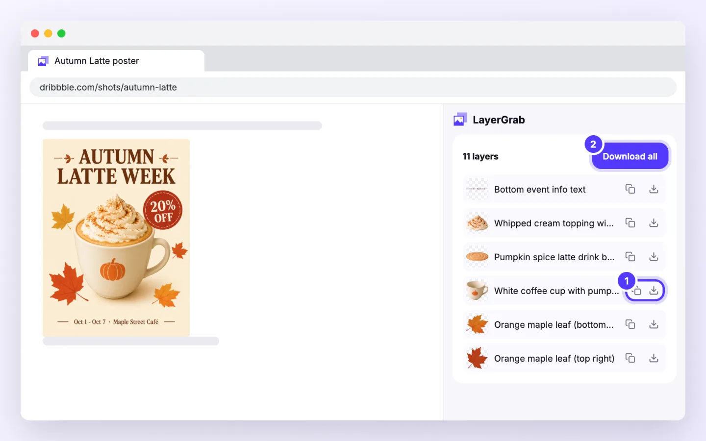 Chrome extension, step 5: After about a minute every layer is listed. Copy one to paste it anywhere, download one, or Download all.