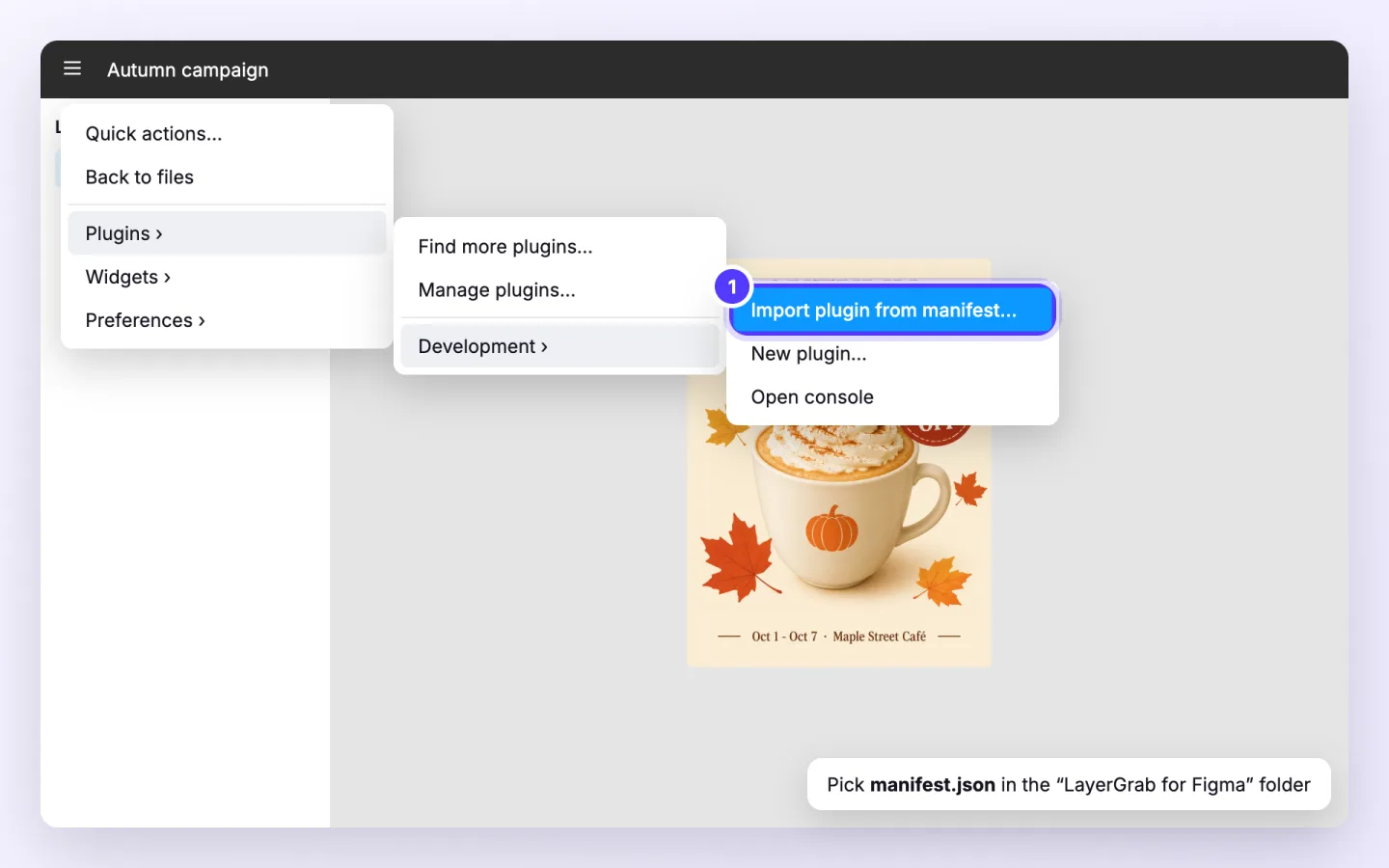 Figma plugin, step 1: In the Figma desktop app, choose Plugins › Development › Import plugin from manifest… and pick manifest.json from the unzipped folder.