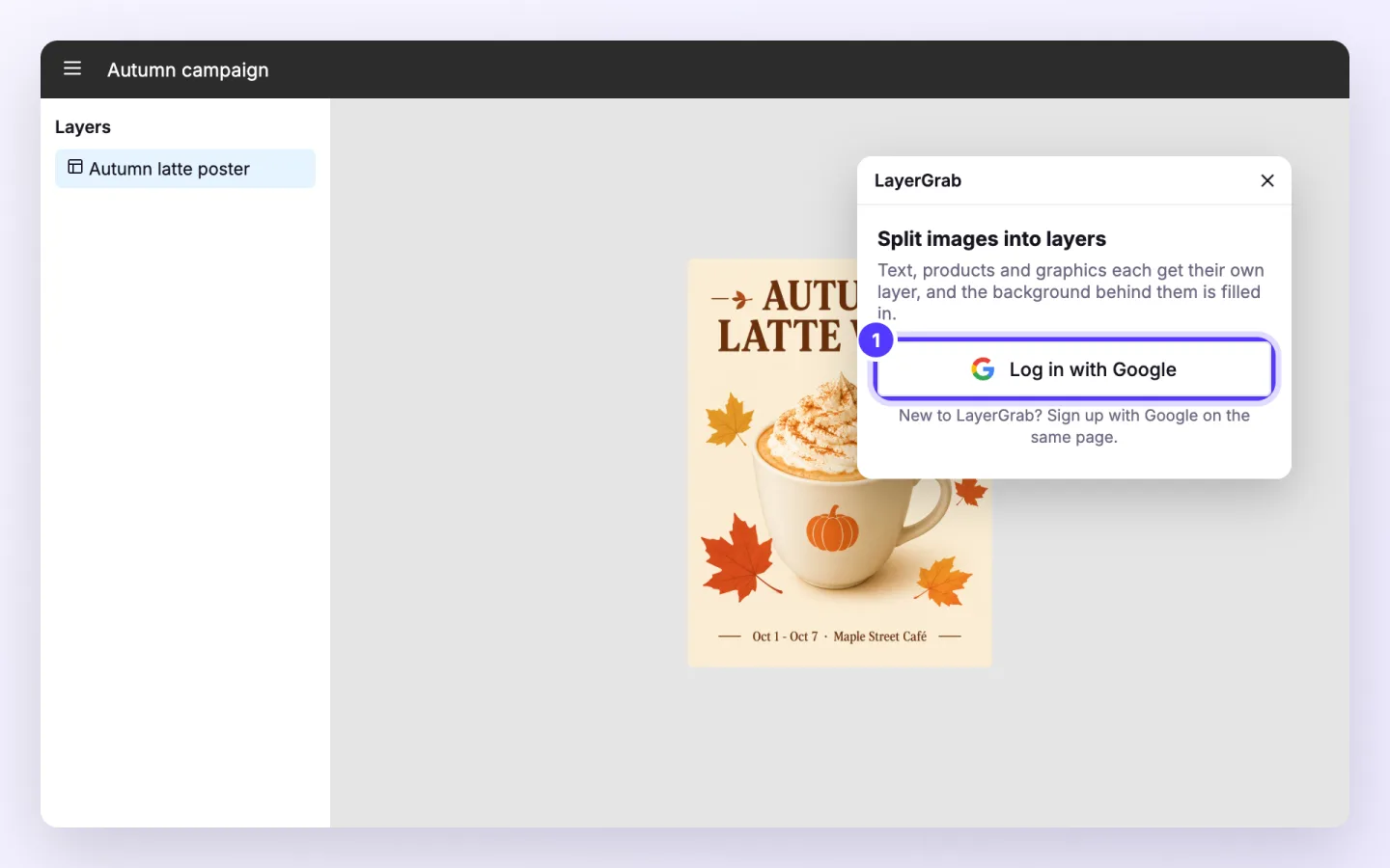 Figma plugin, step 2: Run LayerGrab from Plugins › Development. The first time, click Log in with Google.