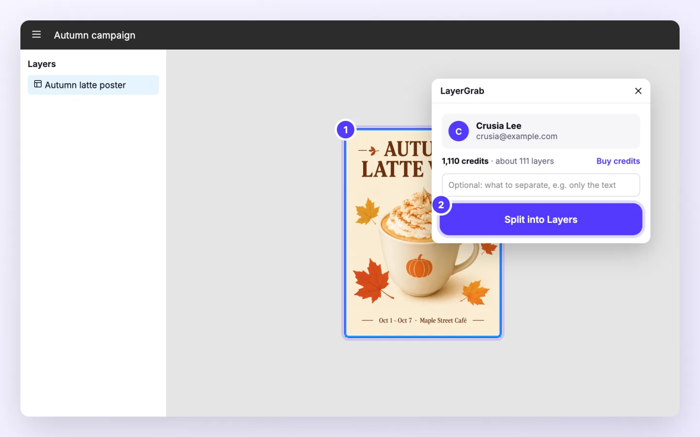 Figma plugin, step 4: Select one image or frame, optionally say what to separate, and click Split into Layers.