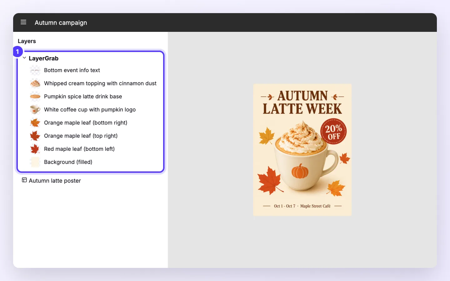 Figma plugin, step 5: A LayerGrab group appears over your image, with every element on its own named layer and the filled background at the bottom.
