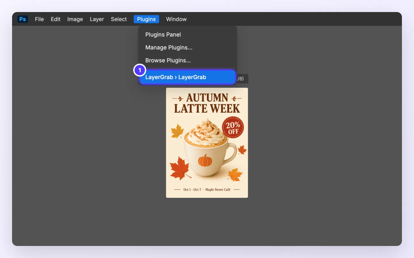 Photoshop plugin, step 1: Open the panel from Plugins › LayerGrab.