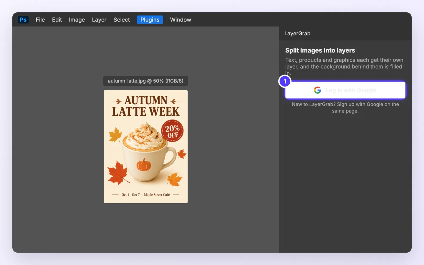 Photoshop plugin, step 2: The first time, click Log in with Google in the panel.