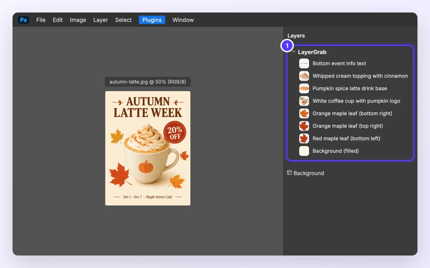 Photoshop plugin, step 5: A LayerGrab group appears at the top of the Layers panel, one named layer per element, in a single undo step.