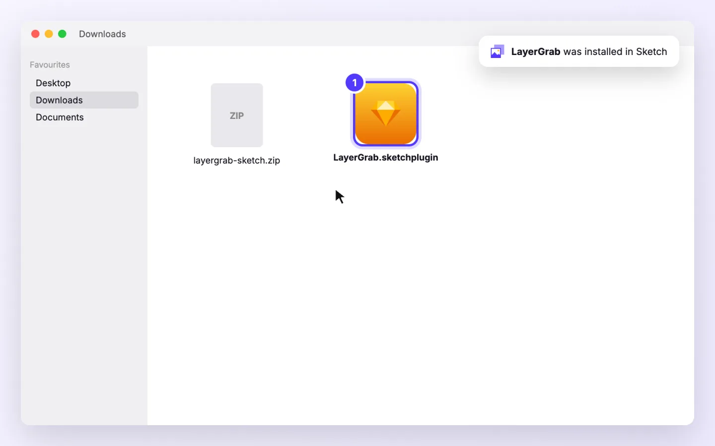 Sketch plugin, step 1: Open the downloaded zip, then double-click LayerGrab.sketchplugin. Sketch installs it.