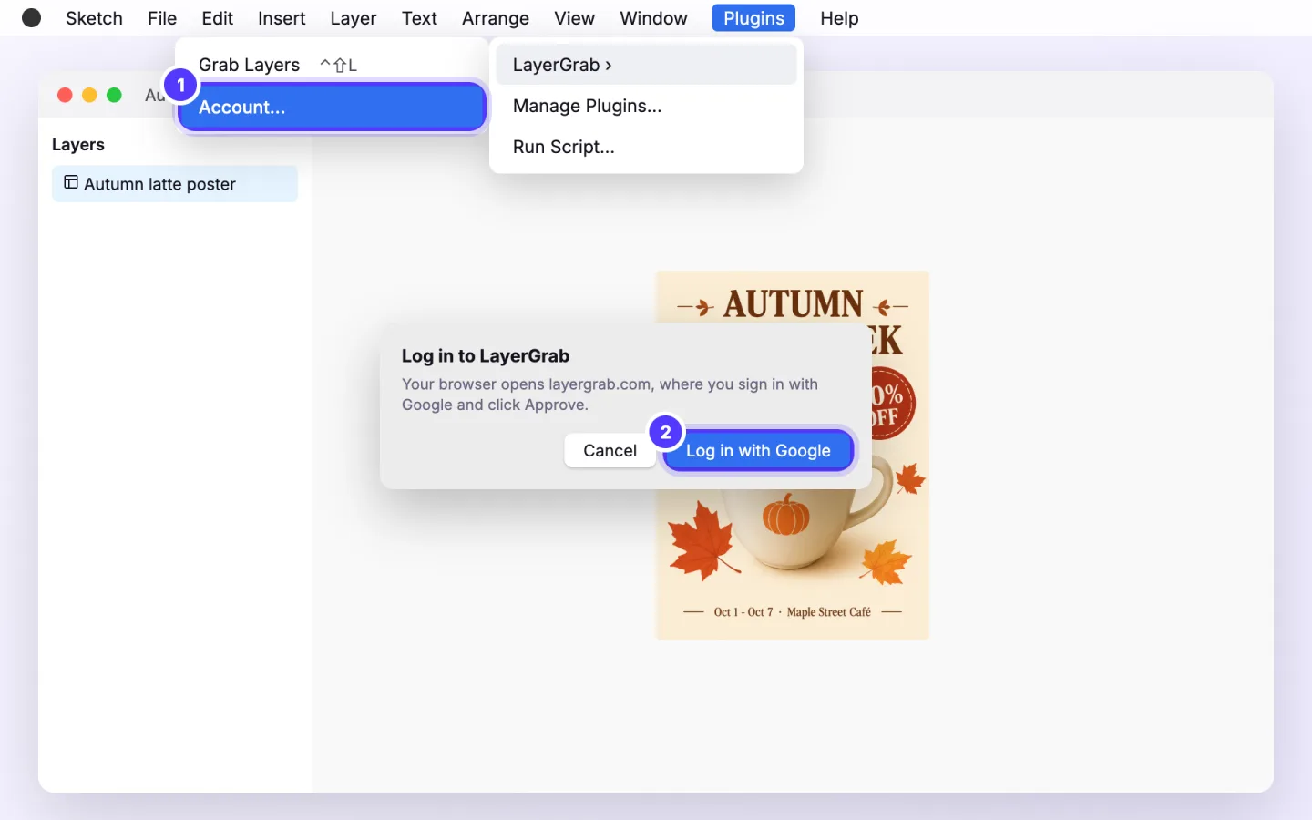 Sketch plugin, step 2: Choose Plugins › LayerGrab › Account… and click Log in with Google.
