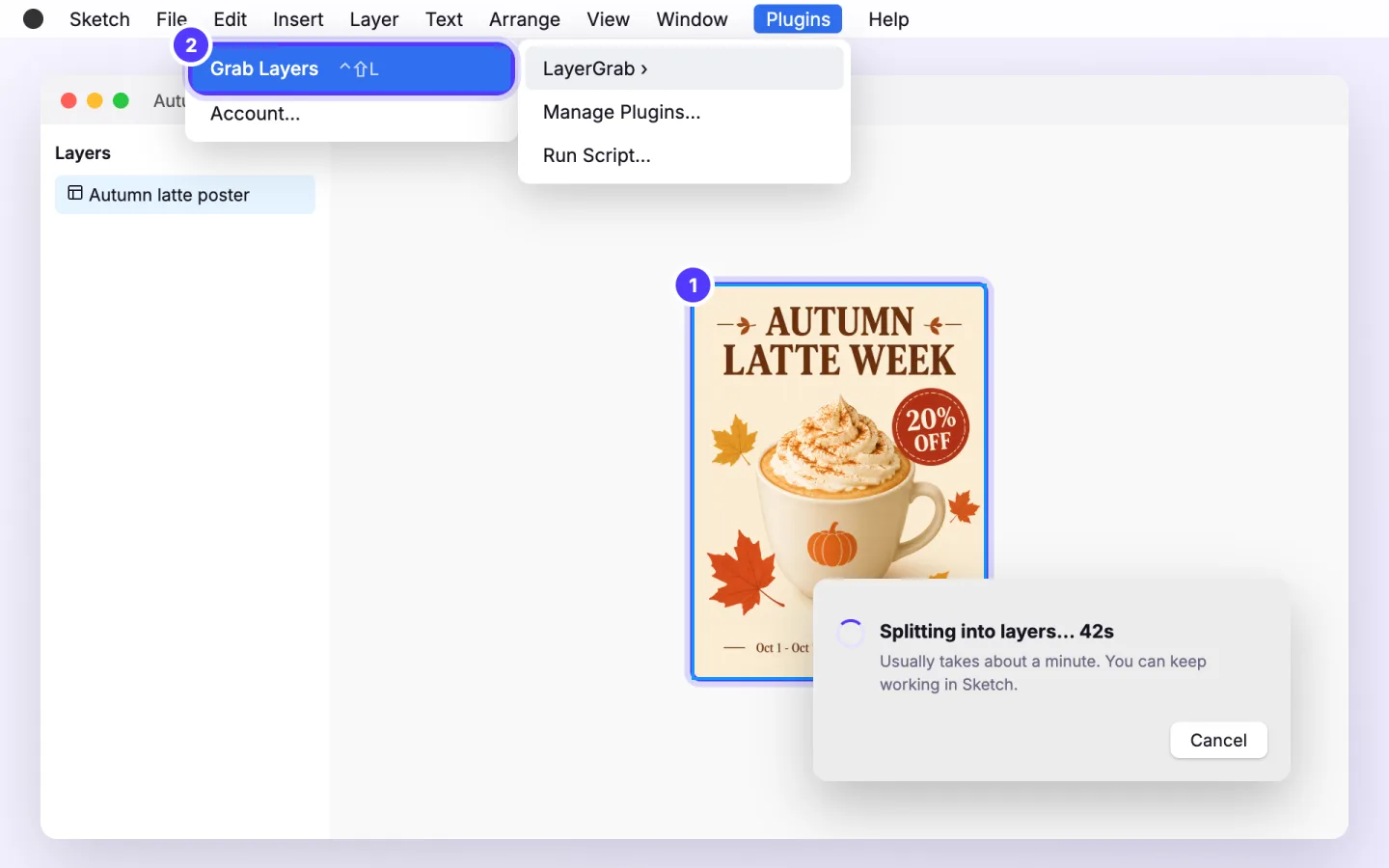 Sketch plugin, step 4: Select an image, group or artboard and choose Plugins › LayerGrab › Grab Layers (⌃⇧L). A small panel shows the progress.