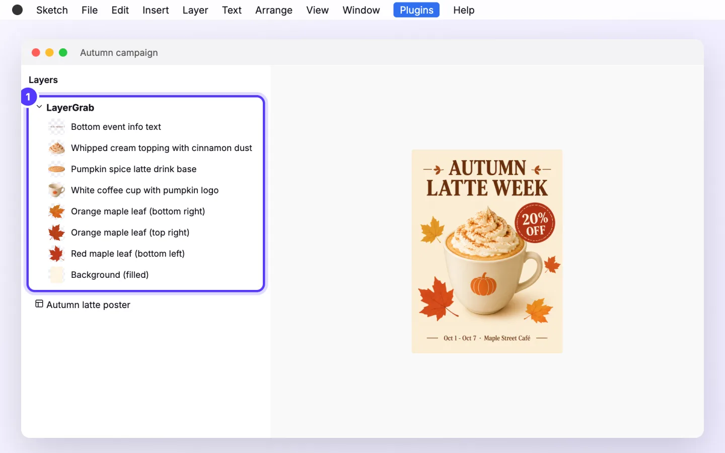 Sketch plugin, step 5: A LayerGrab group appears above your selection, with every element as a named image layer.