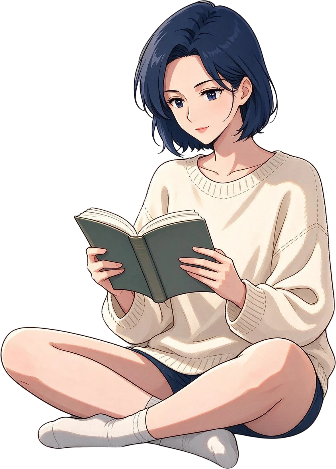 Dark blue hair girl with open book
